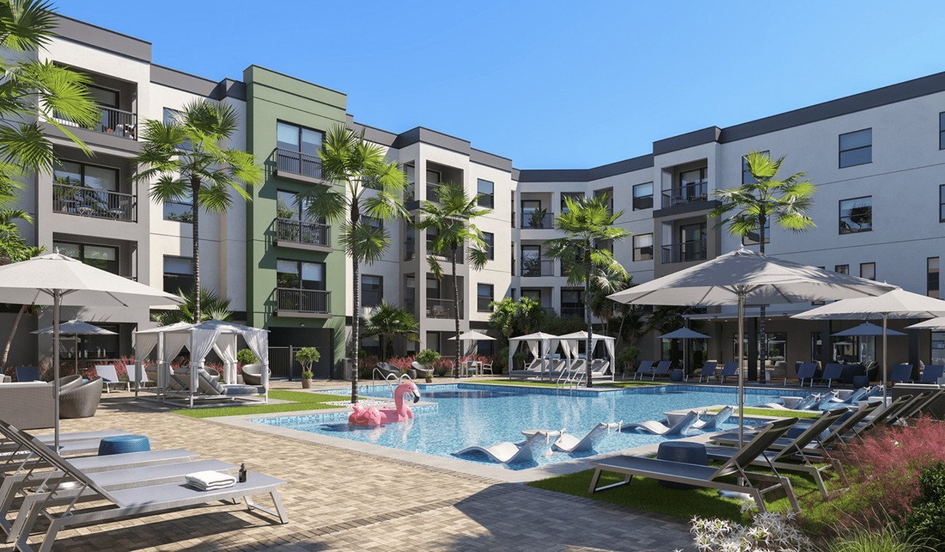 Luxury apartment comparison in Fort Myers showing resort-style pool and modern interiors at Sinclair at Palm Pointe.