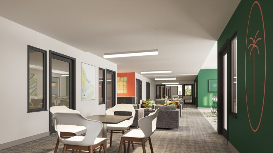 Coworking lounge and private office spaces inside luxury apartments at Sinclair at Palm Pointe, Fort Myers, FL